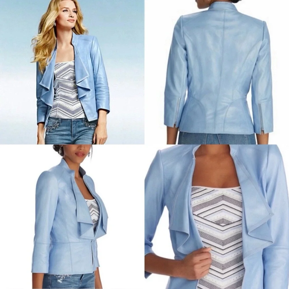 White House Black Market Leather Jacket Women's XXS Blue Cascading Lapel 3/4 NEW - Picture 13 of 13